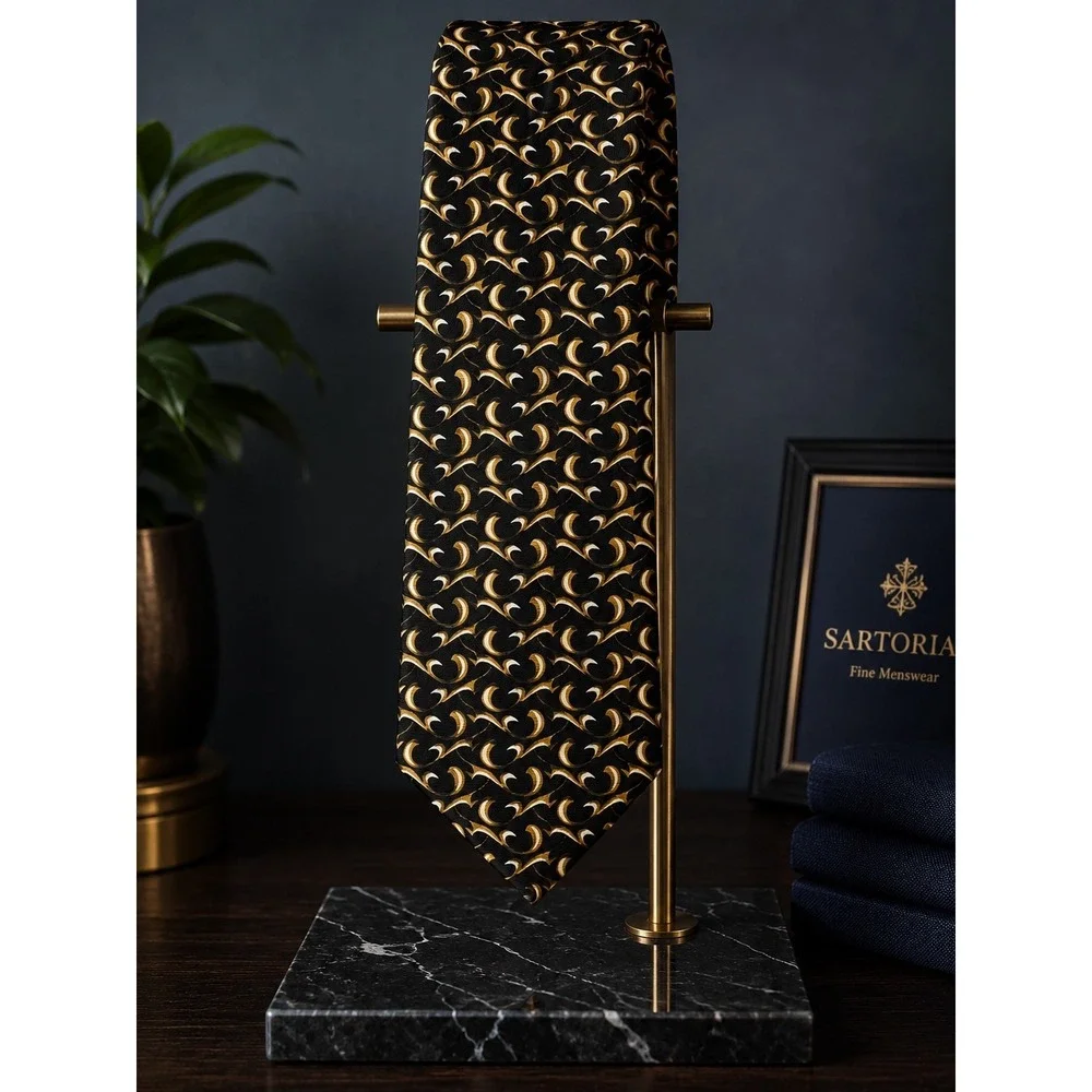Robert Talbott/H. Stockton Silk Necktie Black Gold Scroll Made in USA Designer